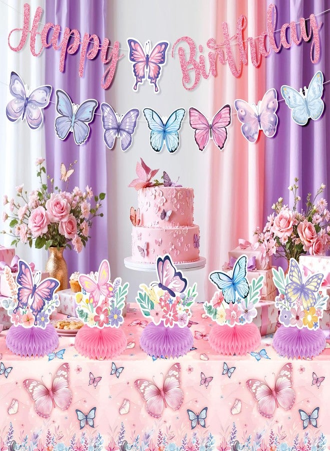 Wayyogh Butterfly Party Decorations Pink Purple Butterfly Happy Birthday Bunting Banner Floral Butterfles Tablecloth and 5Pcs Table Honeycomb Centerpieces Decor for Girls Summer Princess Birthday Supplies - Image 2